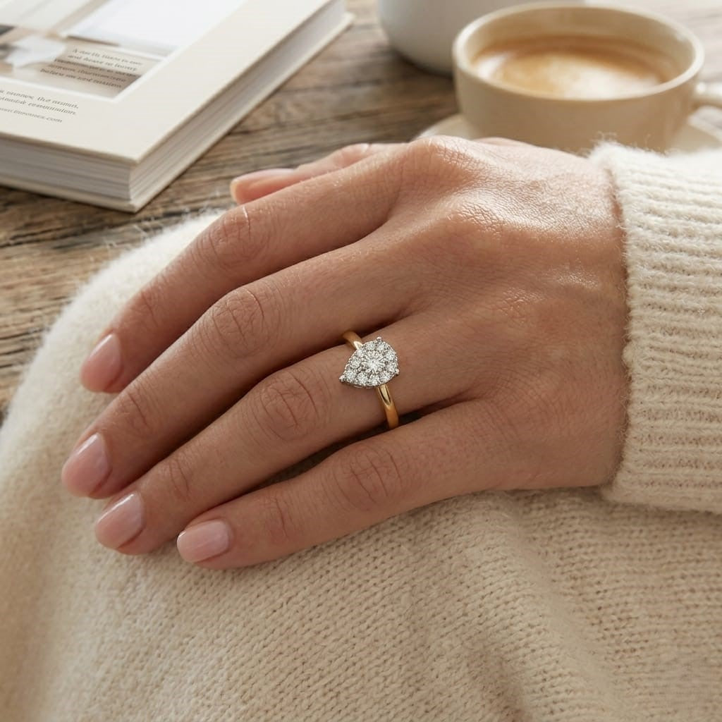 Two Tone Natural Round Diamond Pear Shape Cluster Ring in 10K/14K gold and platinum with certified lab-grown or natural diamonds