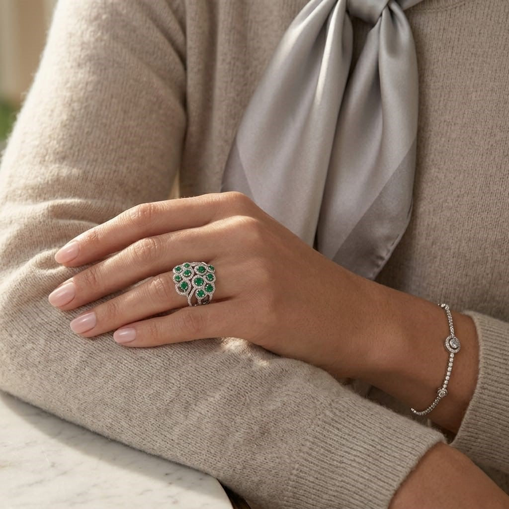 Premium Platinum Natural Round Diamond & Emerald Multi Halo Cluster Statement Ring in 10K/14K gold and platinum with certified lab-grown or natural diamonds