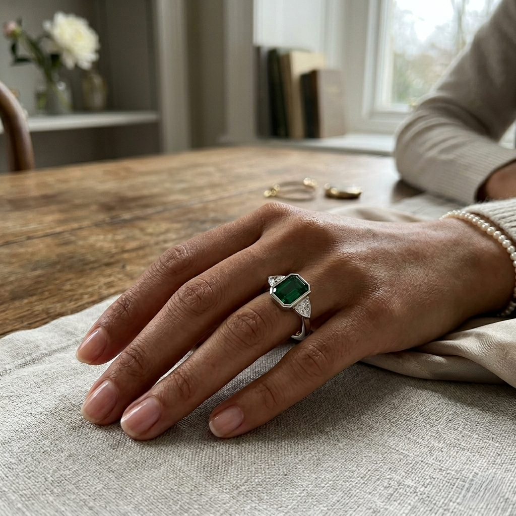 Emerald Cut Green Emerald Three Stone Ring with Trillion Diamond Side Stones in 10K/14K gold and platinum with certified lab-grown or natural diamonds