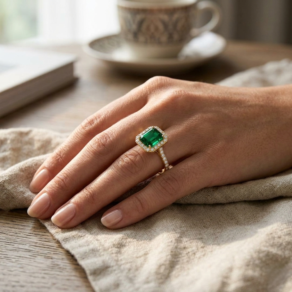 Green Emerald Cut Diamond Ring with Natural Round Diamond Halo Statement Ring in 10K/14K gold and platinum with certified lab-grown or natural diamonds