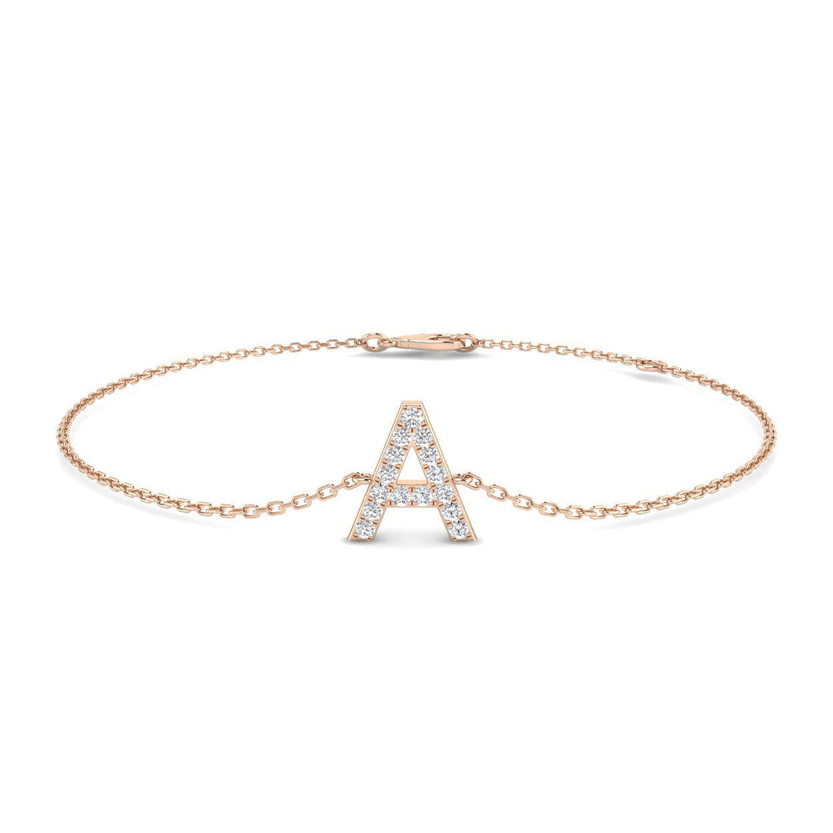 Natural Round Cut Diamond Initial A Letter Chain Bracelet with Lobster Claw Clasp in 10K/14K gold and platinum with certified lab-grown or natural diamonds