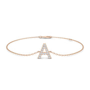 Natural Round Cut Diamond Initial A Letter Chain Bracelet with Lobster Claw Clasp in 10K/14K gold and platinum with certified lab-grown or natural diamonds