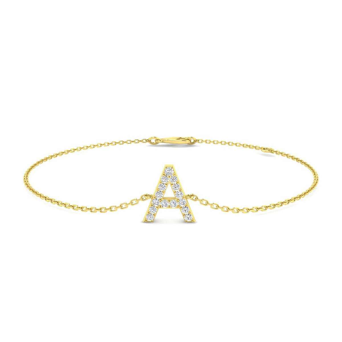 Natural Round Cut Diamond Initial A Letter Chain Bracelet with Lobster Claw Clasp in 10K/14K gold and platinum with certified lab-grown or natural diamonds
