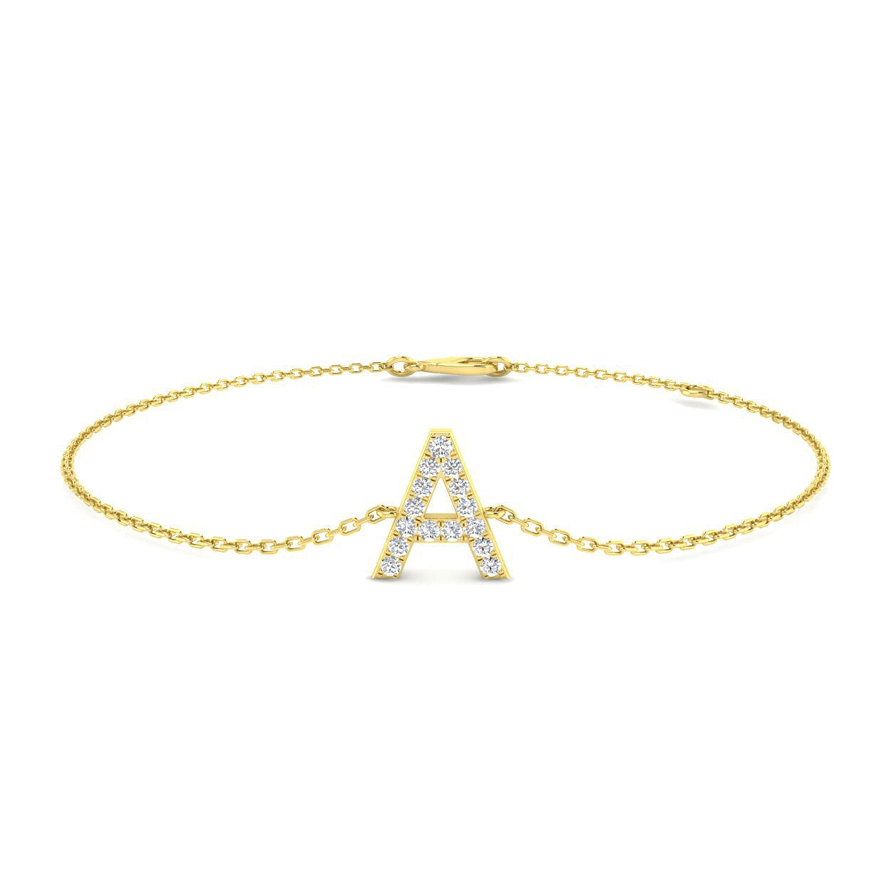 Natural Round Cut Diamond Initial A Letter Chain Bracelet with Lobster Claw Clasp in 10K/14K gold and platinum with certified lab-grown or natural diamonds