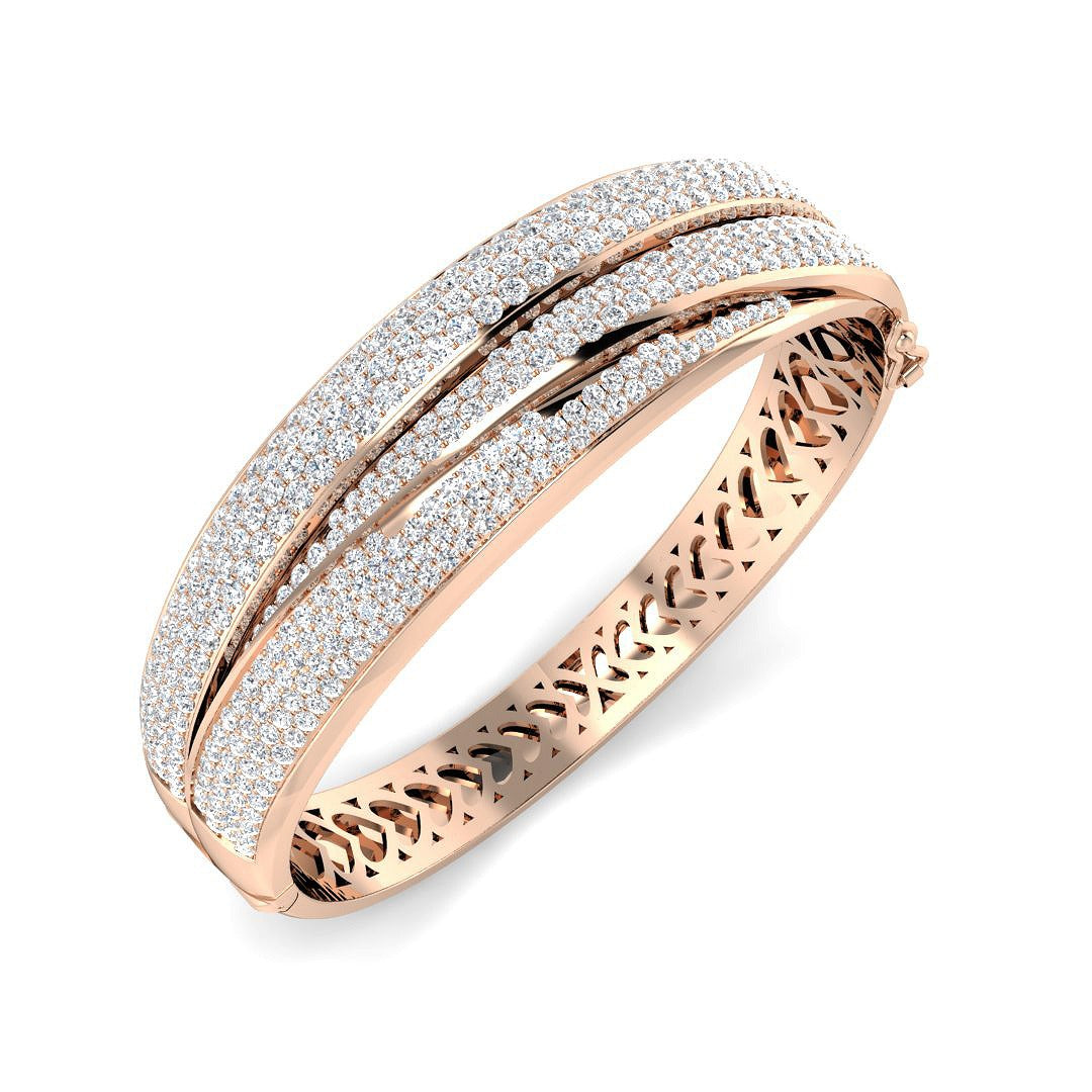 Lab Grown Round Cut Diamond Pave Set Fancy Bangle with Hinged Box Lock in 10K/14K gold and platinum with certified lab-grown or natural diamonds