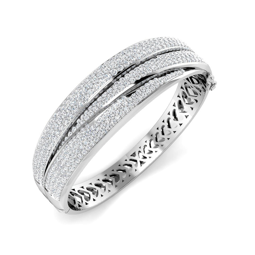 Lab Grown Round Cut Diamond Pave Set Fancy Bangle with Hinged Box Lock in 10K/14K gold and platinum with certified lab-grown or natural diamonds