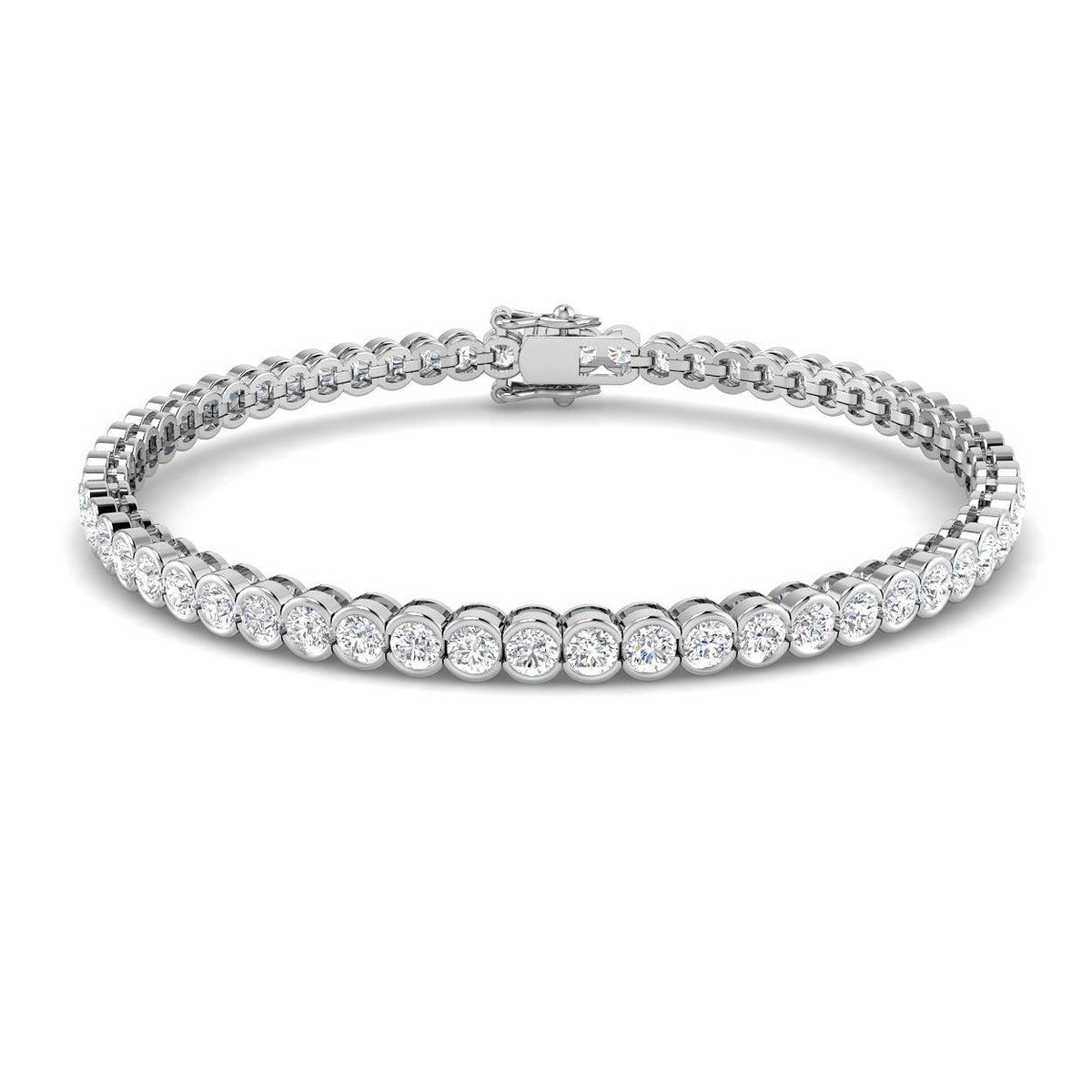 Round Lab Grown Diamond Tennis Bracelet in Semi Bezel Set with Secure Box Clasp in 10K/14K gold and platinum with certified lab-grown or natural diamonds