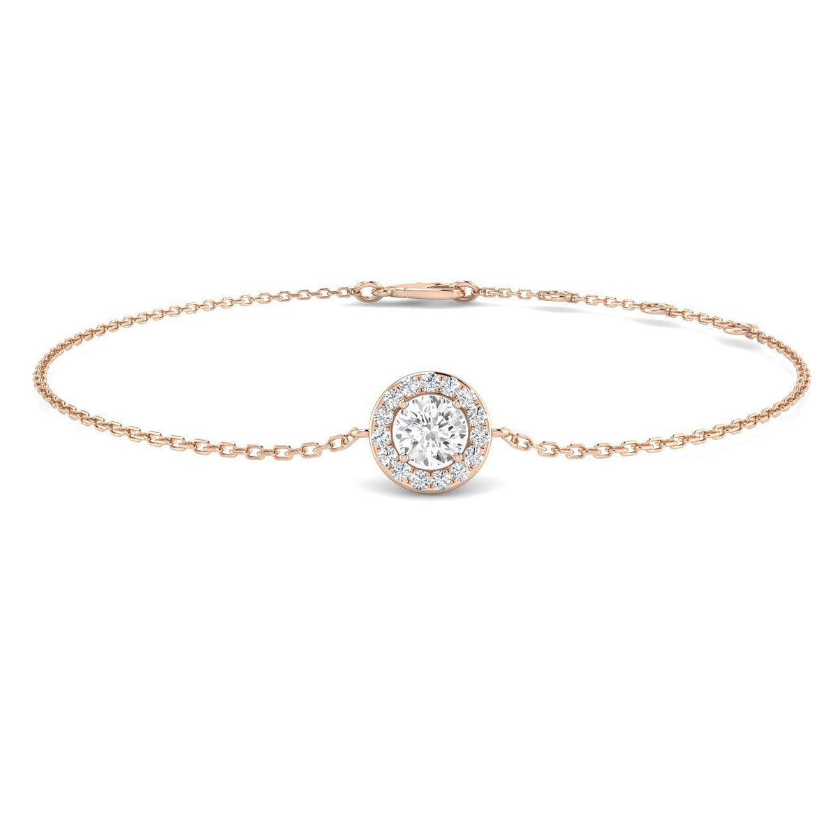Lab Grown Round Diamond Halo Chain Bracelet with Lobster Clasp in 10K/14K gold and platinum with certified lab-grown or natural diamonds