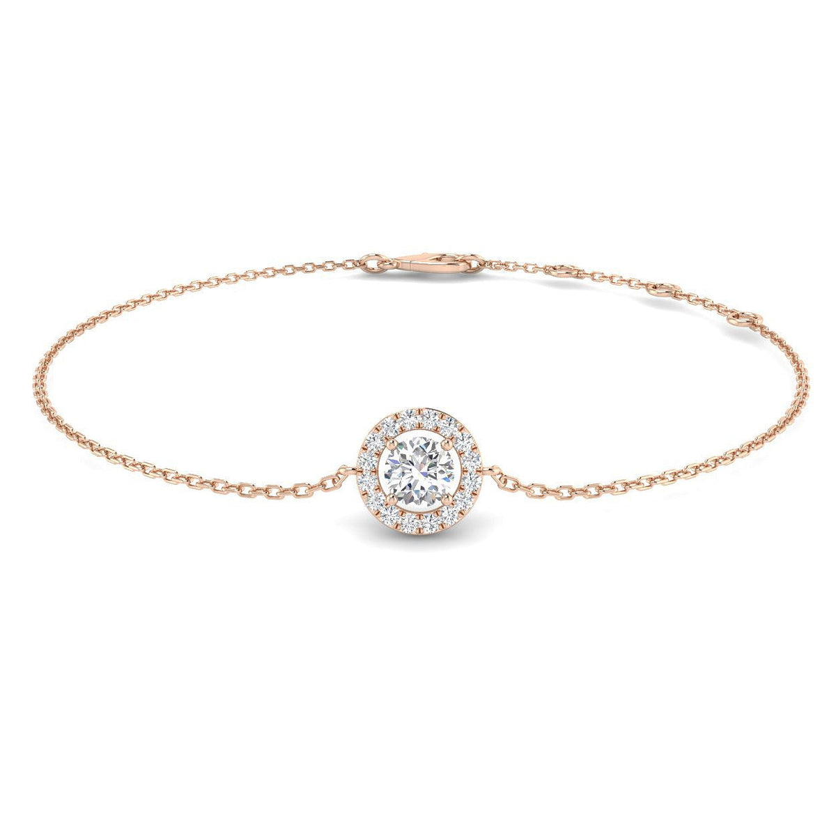 Lab Grown Round Diamond Halo Chain Bracelet with Lobster Clasp in 10K/14K gold and platinum with certified lab-grown or natural diamonds
