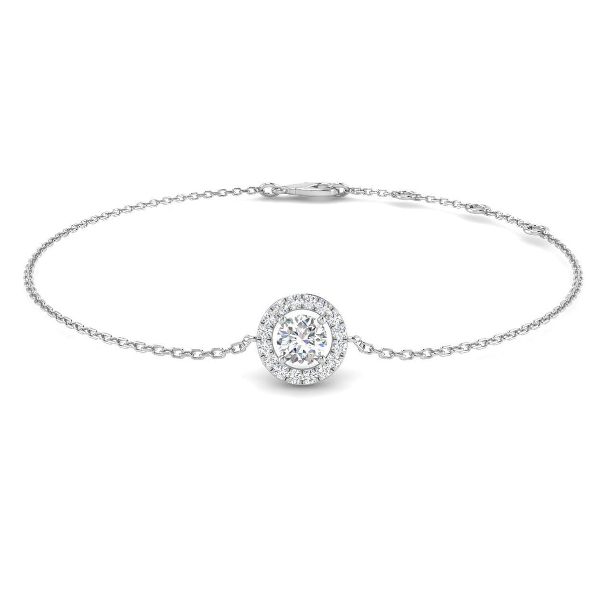 Lab Grown Round Diamond Halo Chain Bracelet with Lobster Clasp in 10K/14K gold and platinum with certified lab-grown or natural diamonds