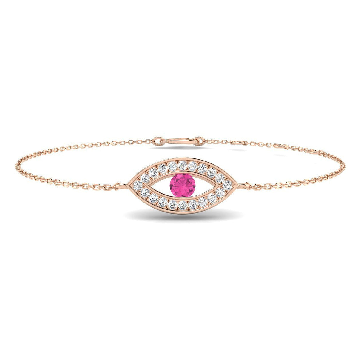 Natural Round Cut Pave Diamond & Pink Sapphire Evil Eye Bracelet in 10K/14K gold and platinum with certified lab-grown or natural diamonds