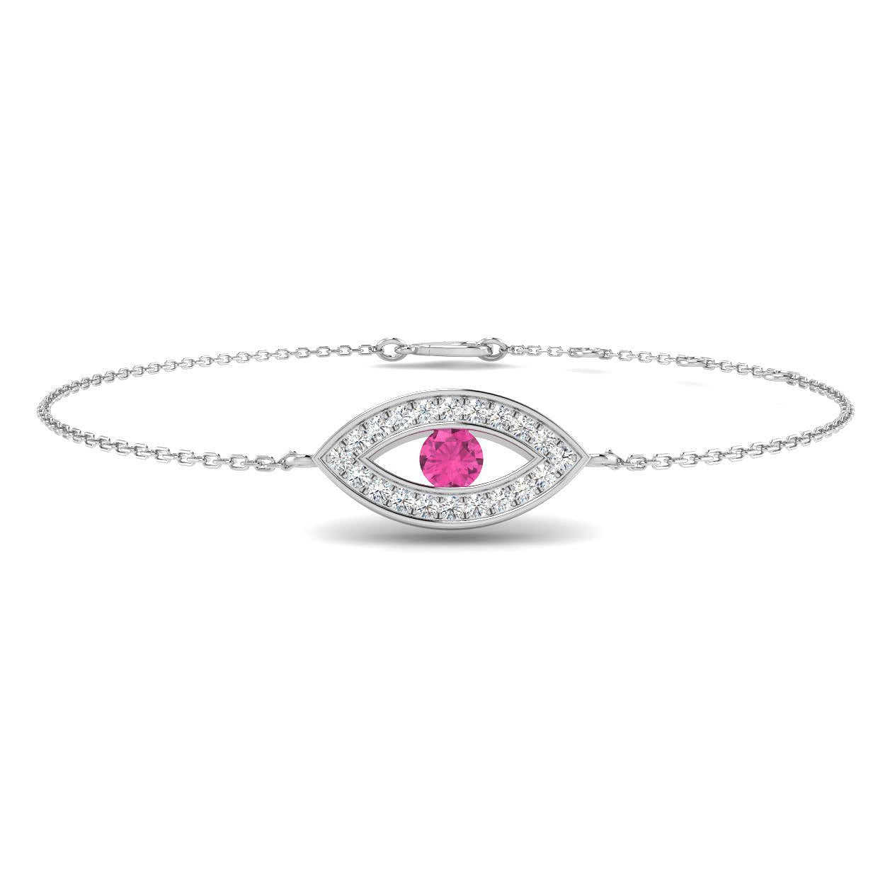 Natural Round Cut Pave Diamond & Pink Sapphire Evil Eye Bracelet in 10K/14K gold and platinum with certified lab-grown or natural diamonds
