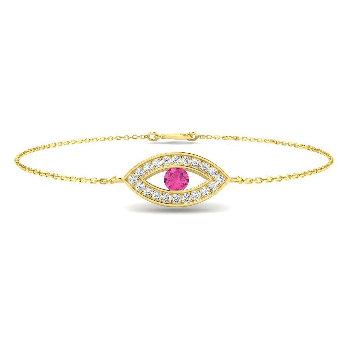 Natural Round Cut Pave Diamond & Pink Sapphire Evil Eye Bracelet in 10K/14K gold and platinum with certified lab-grown or natural diamonds