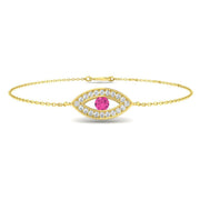 Natural Round Cut Pave Diamond & Pink Sapphire Evil Eye Bracelet in 10K/14K gold and platinum with certified lab-grown or natural diamonds