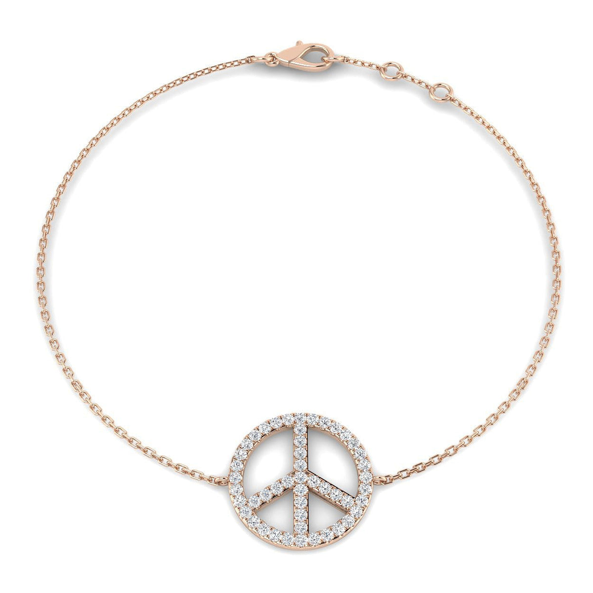Peace Sign Charm Bracelet with Round Lab Grown Diamond Pave and Lobster Clasp in 10K/14K gold and platinum with certified lab-grown or natural diamonds
