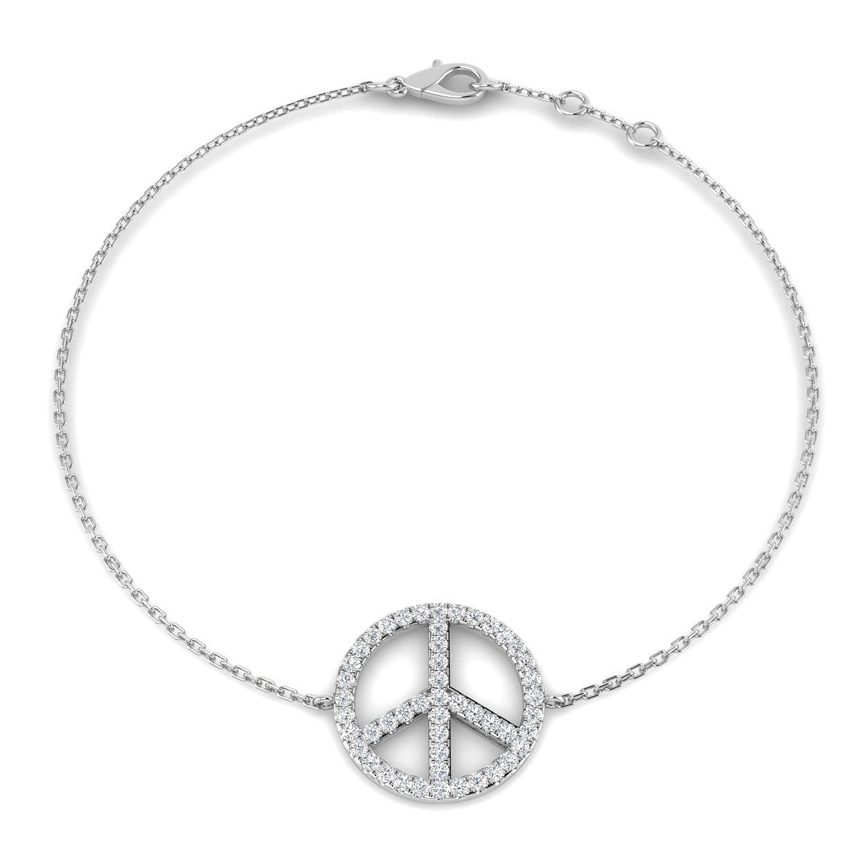 Peace Sign Charm Bracelet with Round Lab Grown Diamond Pave and Lobster Clasp in 10K/14K gold and platinum with certified lab-grown or natural diamonds