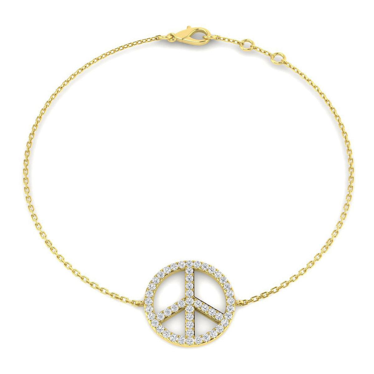 Peace Sign Charm Bracelet with Round Lab Grown Diamond Pave and Lobster Clasp in 10K/14K gold and platinum with certified lab-grown or natural diamonds
