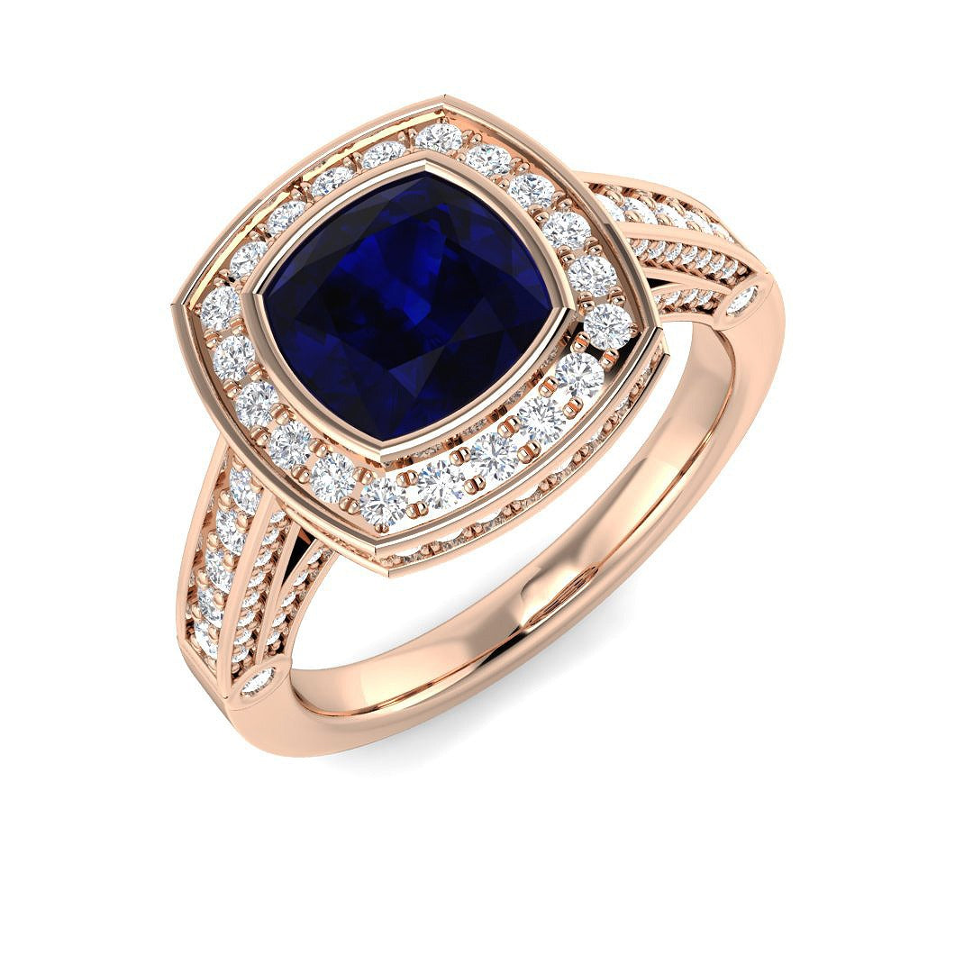 Vintage Cushion Cut Blue Sapphire Halo Ring with Split Shank Diamond Band in 10K/14K gold and platinum with certified lab-grown or natural diamonds