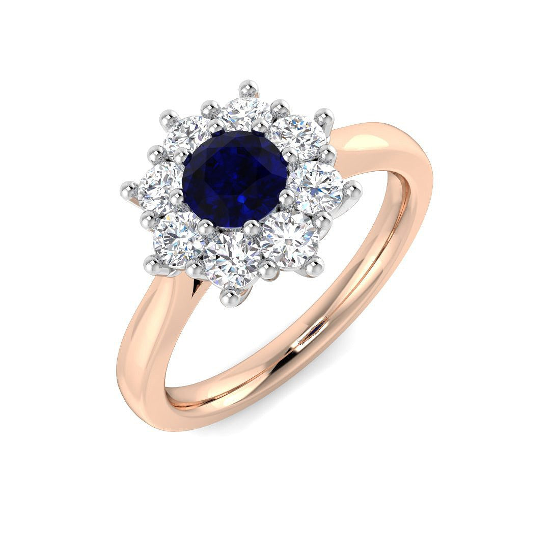 Blue Sapphire Halo Cluster Ring with Natural Diamonds in 10K/14K gold and platinum with certified lab-grown or natural diamonds