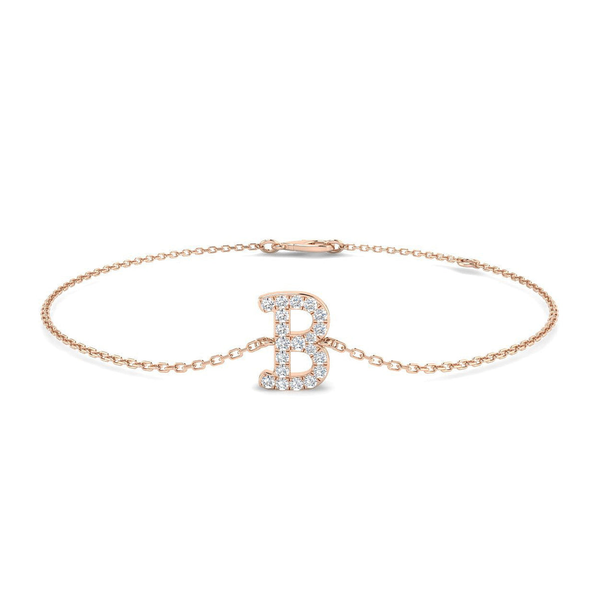 Round Cut Lab Grown Diamond Initial B Letter Chain Bracelet with Lobster Claw in 10K/14K gold and platinum with certified lab-grown or natural diamonds