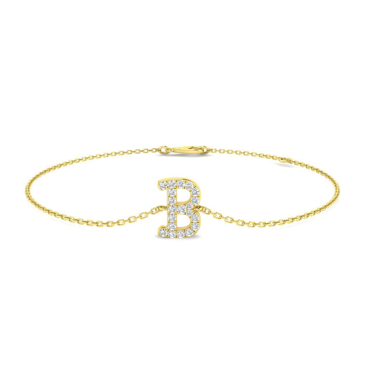 Round Cut Lab Grown Diamond Initial B Letter Chain Bracelet with Lobster Claw in 10K/14K gold and platinum with certified lab-grown or natural diamonds