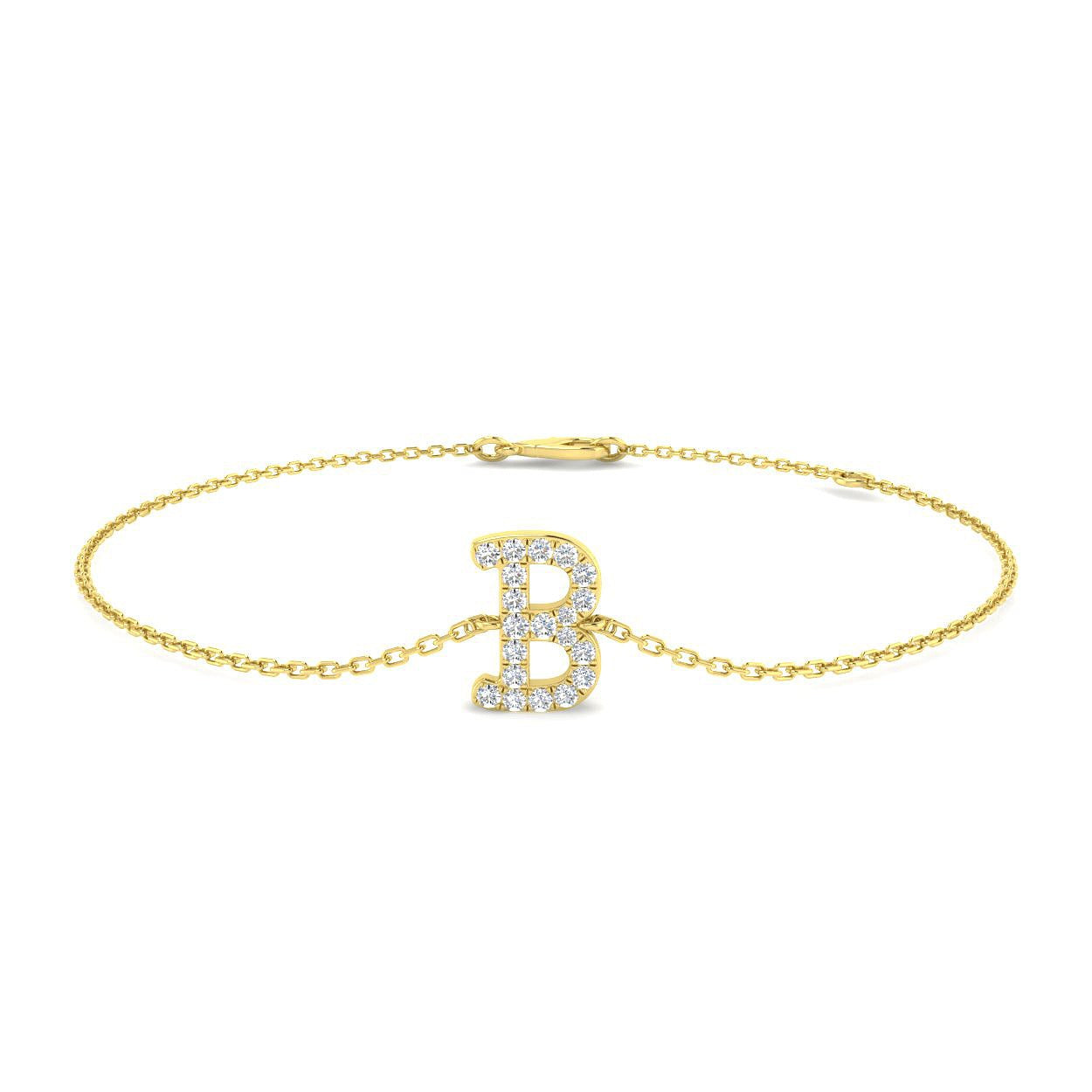 Round Cut Lab Grown Diamond Initial B Letter Chain Bracelet with Lobster Claw in 10K/14K gold and platinum with certified lab-grown or natural diamonds