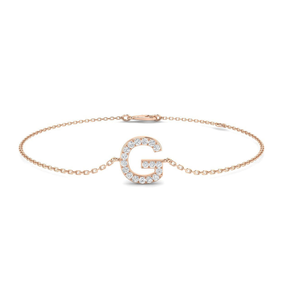 Natural Round Cut Initial G Letter Diamond Chain Bracelet with Lobster Claw in 10K/14K gold and platinum with certified lab-grown or natural diamonds