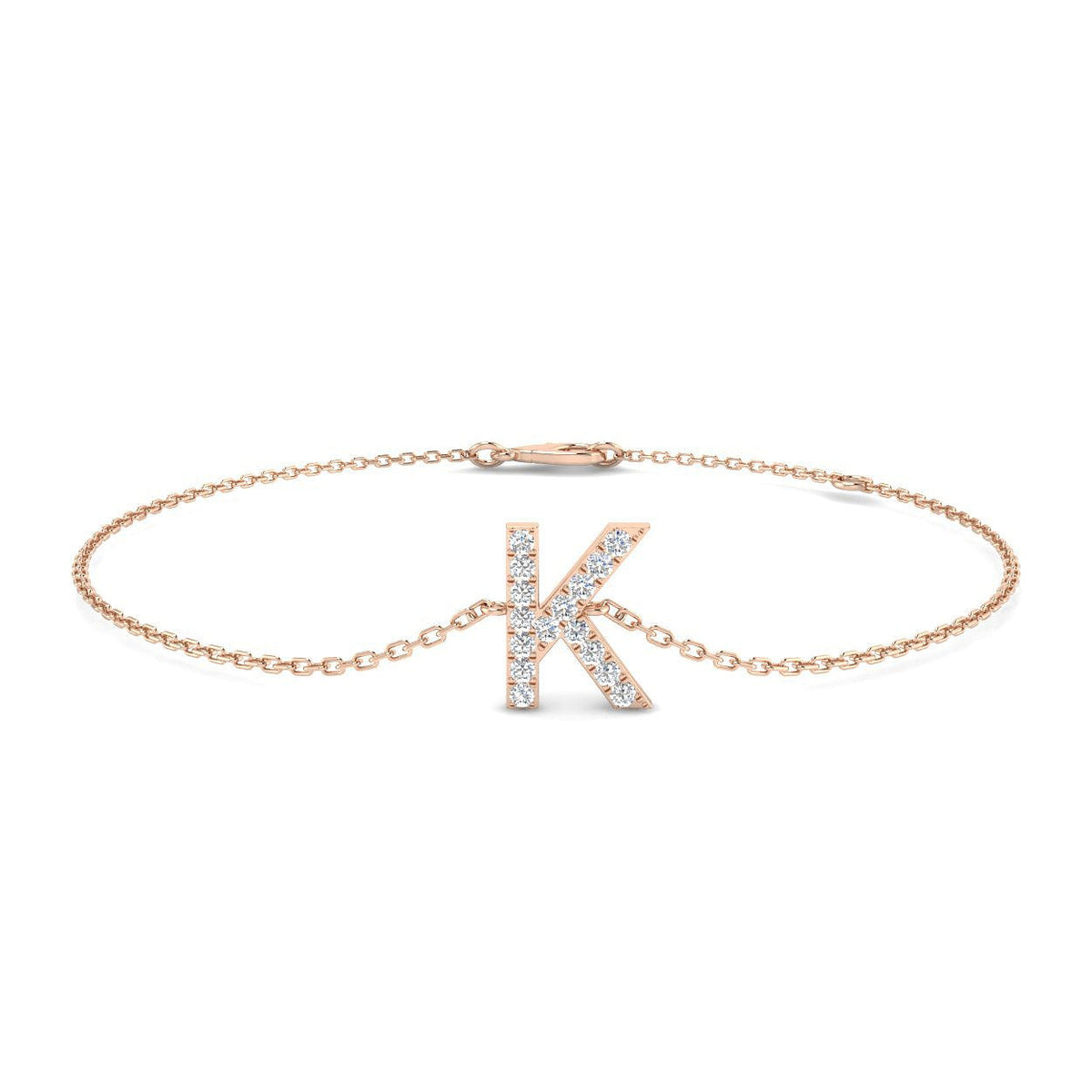 Lab Grown Diamond Initial K Letter Chain Bracelet with Lobster Clasp in 10K/14K gold and platinum with certified lab-grown or natural diamonds