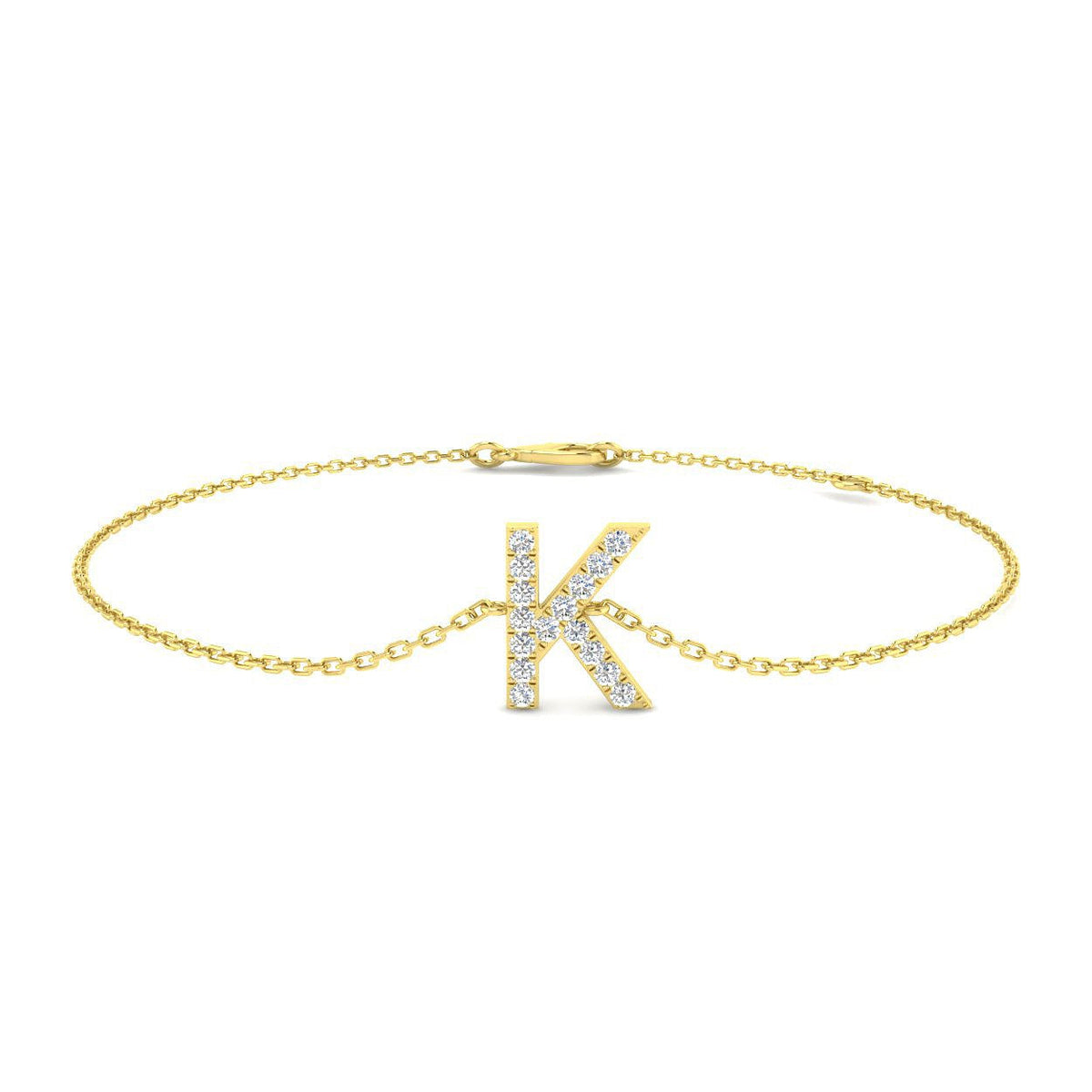 Lab Grown Diamond Initial K Letter Chain Bracelet with Lobster Clasp in 10K/14K gold and platinum with certified lab-grown or natural diamonds