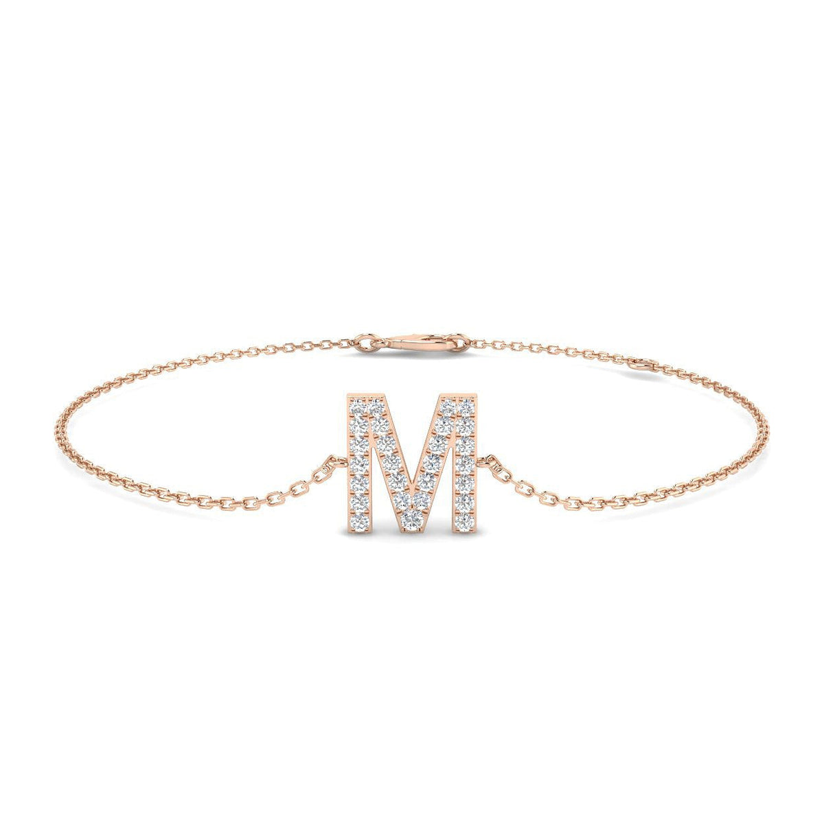 Initial M Letter Lab Grown Round Cut Pave Diamond Chain Bracelet in Platinum with Lobster Clasp in 10K/14K gold and platinum with certified lab-grown or natural diamonds
