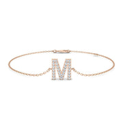 Initial M Letter Lab Grown Round Cut Pave Diamond Chain Bracelet in Platinum with Lobster Clasp in 10K/14K gold and platinum with certified lab-grown or natural diamonds