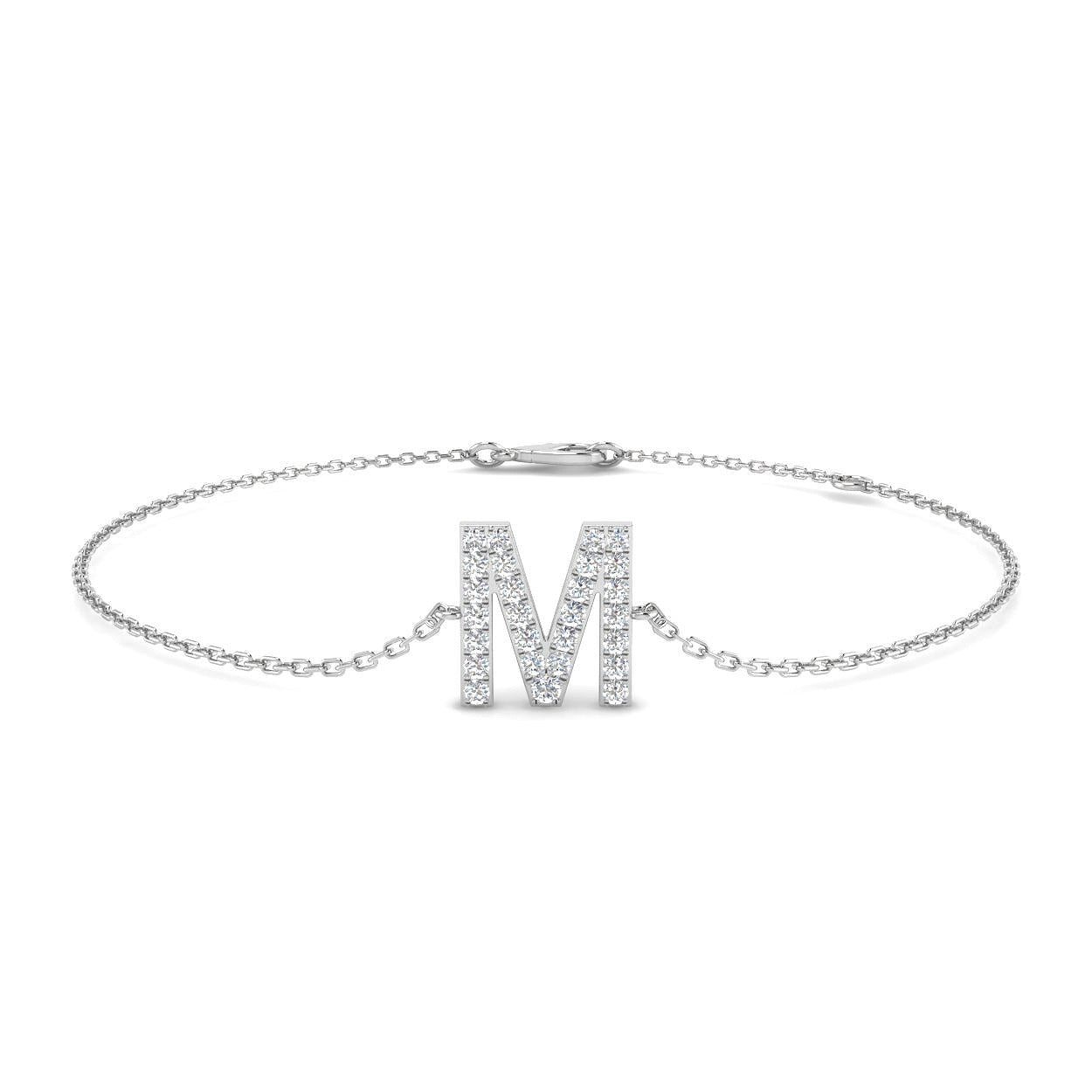 Initial M Letter Lab Grown Round Cut Pave Diamond Chain Bracelet in Platinum with Lobster Clasp in 10K/14K gold and platinum with certified lab-grown or natural diamonds