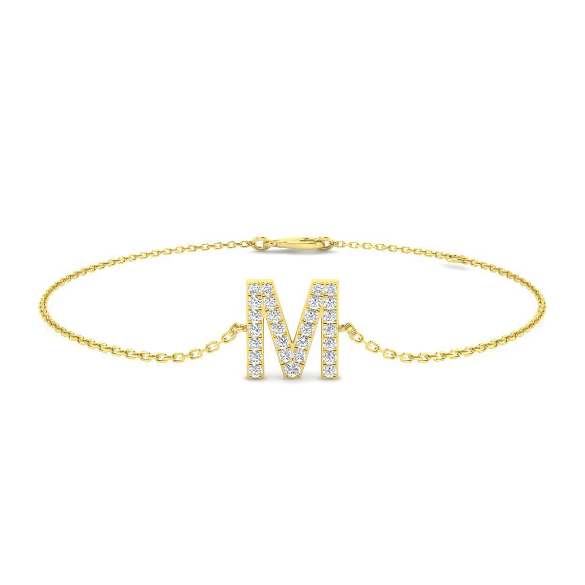 Initial M Letter Lab Grown Round Cut Pave Diamond Chain Bracelet in Platinum with Lobster Clasp in 10K/14K gold and platinum with certified lab-grown or natural diamonds