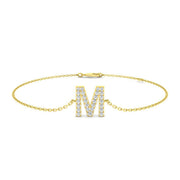 Initial M Letter Lab Grown Round Cut Pave Diamond Chain Bracelet in Platinum with Lobster Clasp in 10K/14K gold and platinum with certified lab-grown or natural diamonds