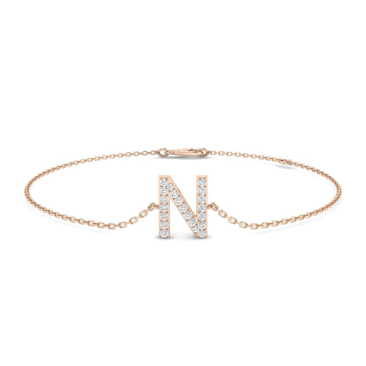 Natural Round Cut Initial N Letter Pave Set Diamond Chain Bracelet in 10K/14K gold and platinum with certified lab-grown or natural diamonds