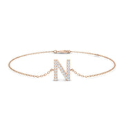 Natural Round Cut Initial N Letter Pave Set Diamond Chain Bracelet in 10K/14K gold and platinum with certified lab-grown or natural diamonds