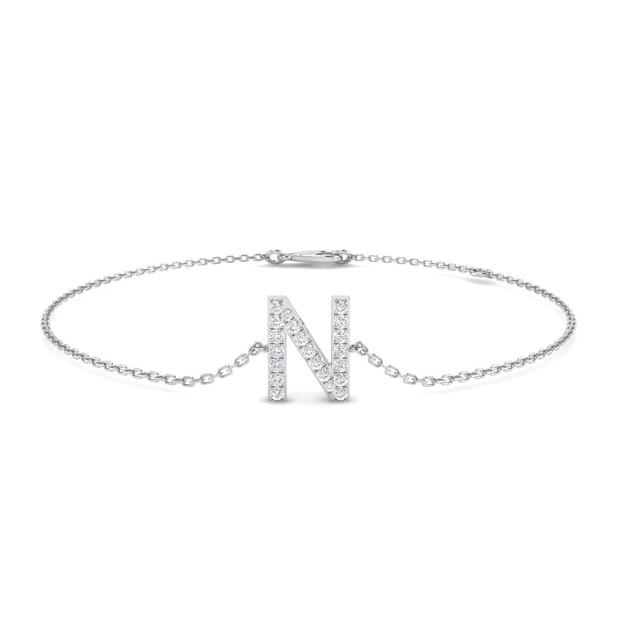 Natural Round Cut Initial N Letter Pave Set Diamond Chain Bracelet in 10K/14K gold and platinum with certified lab-grown or natural diamonds