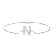 Natural Round Cut Initial N Letter Pave Set Diamond Chain Bracelet in 10K/14K gold and platinum with certified lab-grown or natural diamonds