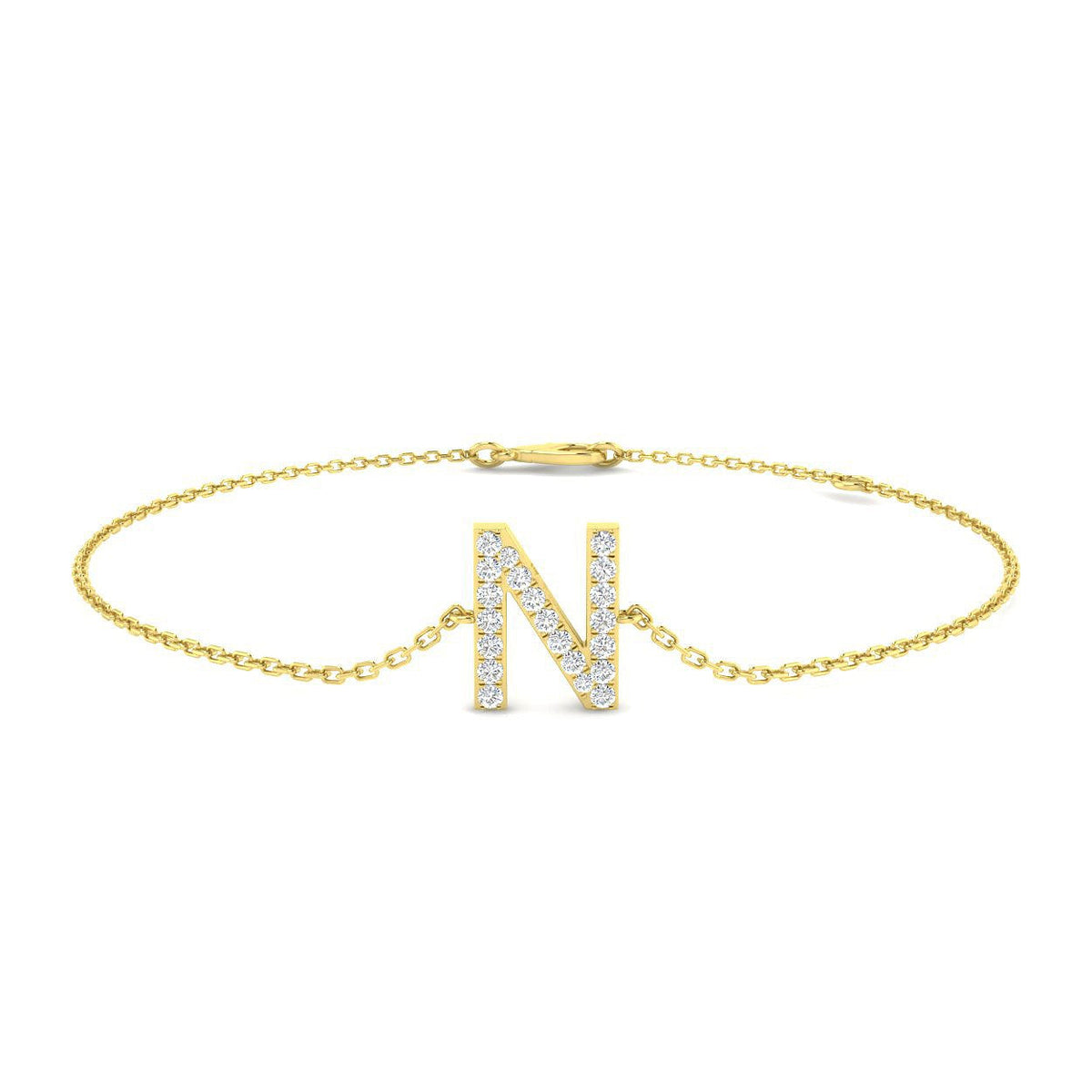 Natural Round Cut Initial N Letter Pave Set Diamond Chain Bracelet in 10K/14K gold and platinum with certified lab-grown or natural diamonds