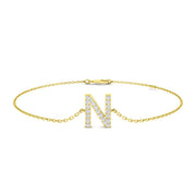 Natural Round Cut Initial N Letter Pave Set Diamond Chain Bracelet in 10K/14K gold and platinum with certified lab-grown or natural diamonds