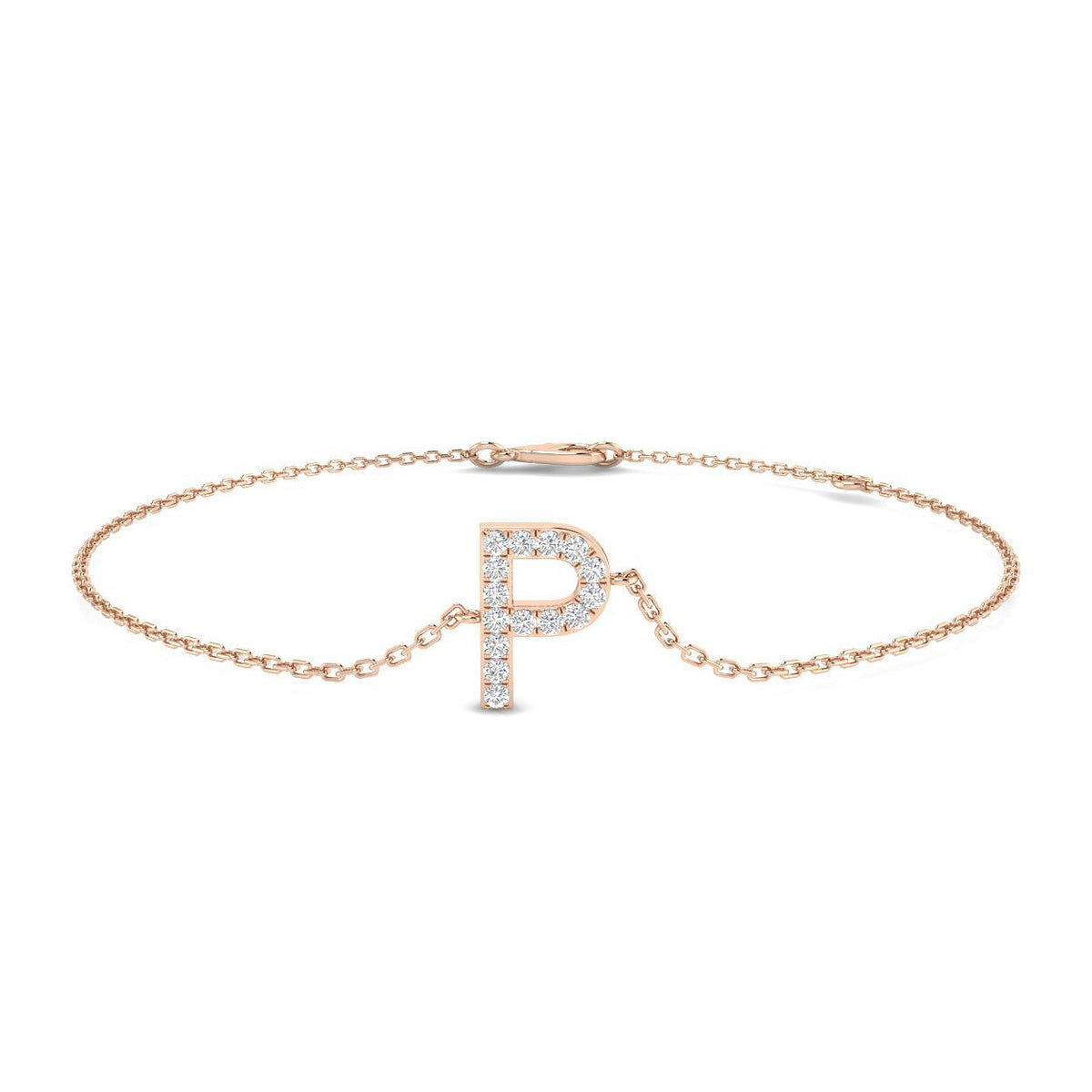 Natural Round Cut Diamond Alphabet P Letter Chain Bracelet with Lobster Clasp in 10K/14K gold and platinum with certified lab-grown or natural diamonds