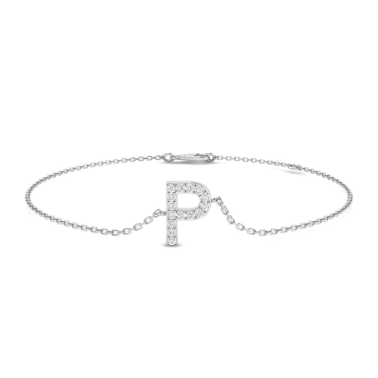 Natural Round Cut Diamond Alphabet P Letter Chain Bracelet with Lobster Clasp in 10K/14K gold and platinum with certified lab-grown or natural diamonds