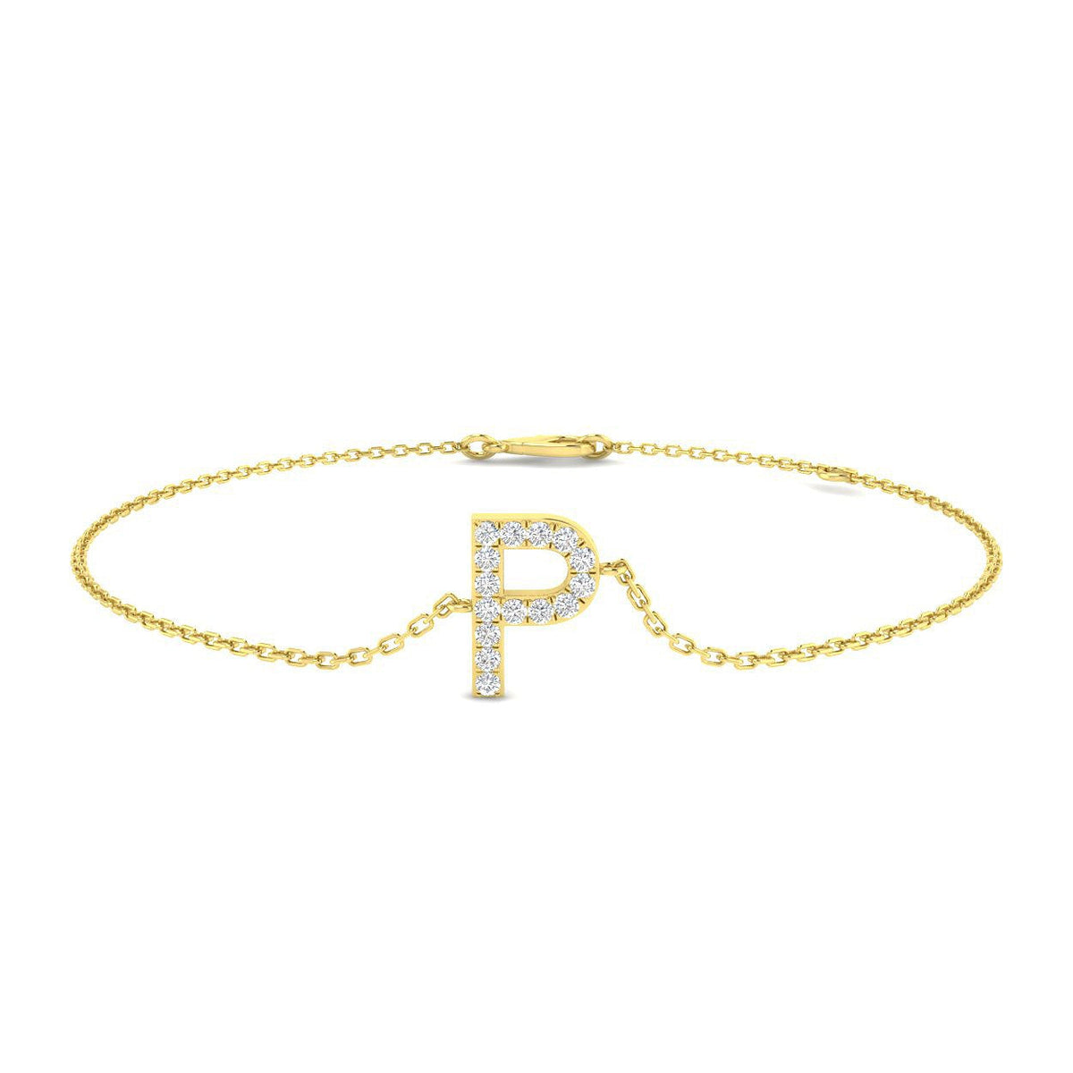 Natural Round Cut Diamond Alphabet P Letter Chain Bracelet with Lobster Clasp in 10K/14K gold and platinum with certified lab-grown or natural diamonds