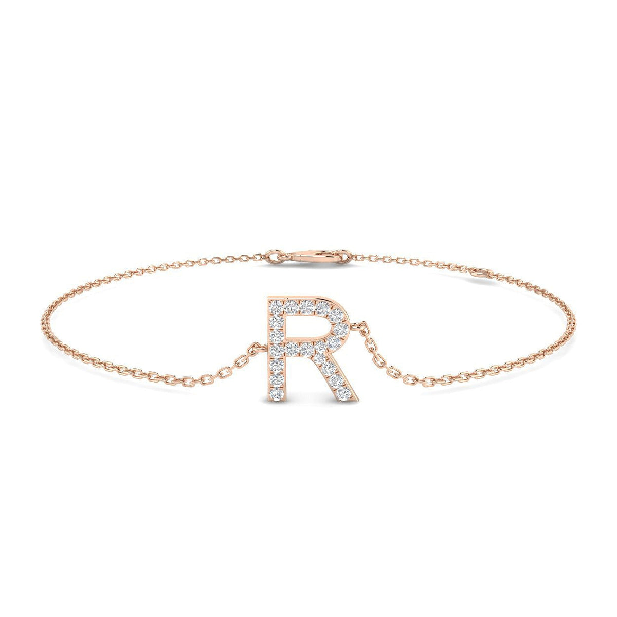 Alphabet R Letter Pave Natural Round Diamond Chain Bracelet with Lobster Claw in 10K/14K gold and platinum with certified lab-grown or natural diamonds