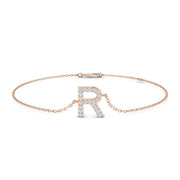 Alphabet R Letter Pave Natural Round Diamond Chain Bracelet with Lobster Claw in 10K/14K gold and platinum with certified lab-grown or natural diamonds