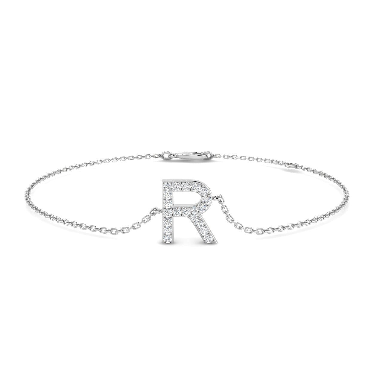 Alphabet R Letter Pave Natural Round Diamond Chain Bracelet with Lobster Claw in 10K/14K gold and platinum with certified lab-grown or natural diamonds