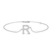 Alphabet R Letter Pave Natural Round Diamond Chain Bracelet with Lobster Claw in 10K/14K gold and platinum with certified lab-grown or natural diamonds