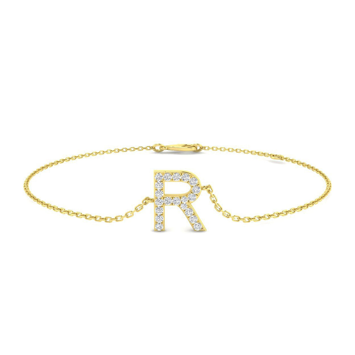 Alphabet R Letter Pave Natural Round Diamond Chain Bracelet with Lobster Claw in 10K/14K gold and platinum with certified lab-grown or natural diamonds