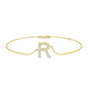 Alphabet R Letter Pave Natural Round Diamond Chain Bracelet with Lobster Claw in 10K/14K gold and platinum with certified lab-grown or natural diamonds