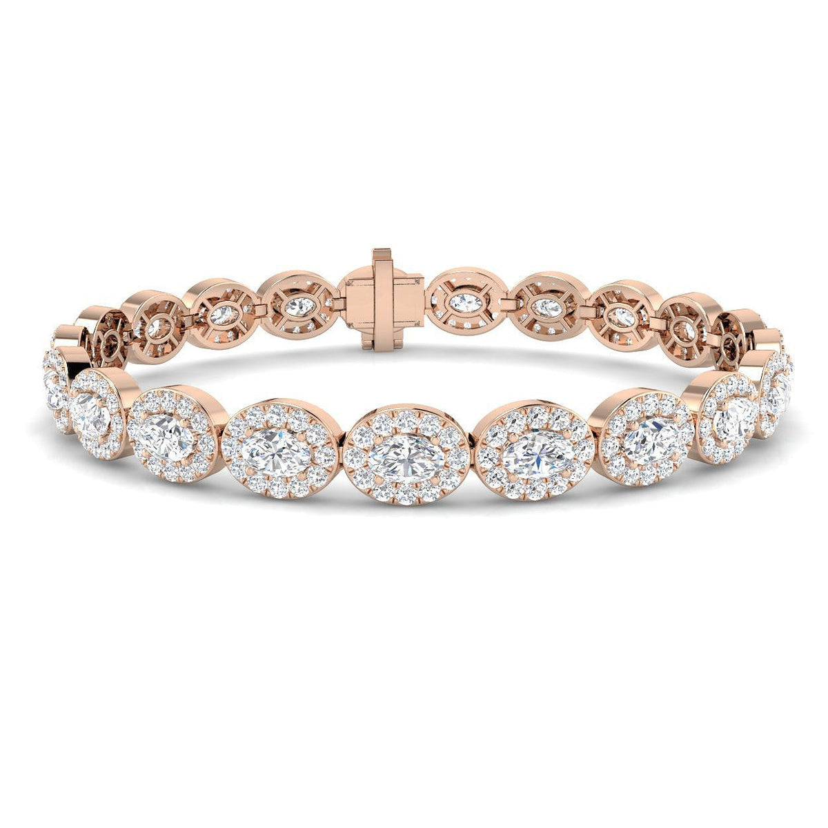 Natural Diamond Oval Halo Tennis Bracelet with Box Clasp and Safety Latch in 10K/14K gold and platinum with certified lab-grown or natural diamonds